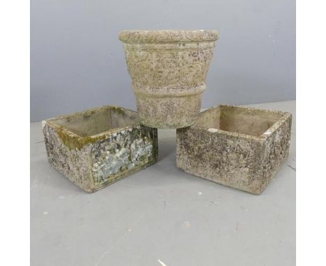A pair of square weathered concrete planters, and a circular planter D36cm, H36cm. (3)
