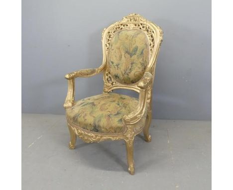 A modern continental style gilt painted and tapestry upholstered salon open arm chair.