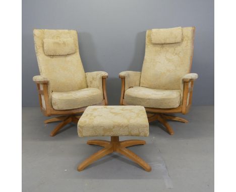ERCOL - A pair of Gina reclining swivel arm chairs, with matching footstool.