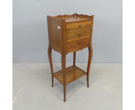 A French mahogany bedside chest of three drawers, with shelf under and raised on cabriole legs. Width 32cm, height 73cm, dept