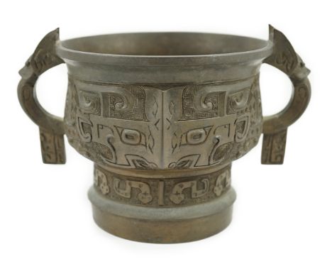 A Chinese archaistic bronze vessel, gui, 17th/18th century, crisply cast in imitation of a Western Zhou dynasty gui ritual ve