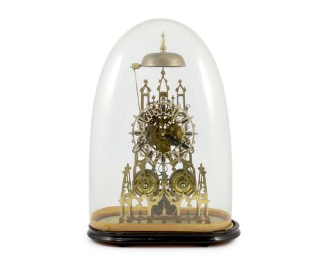 A Victorian brass cathedral skeleton clock, with silvered Roman dial and twin fusee movement striking upon a bell, 46cm high,