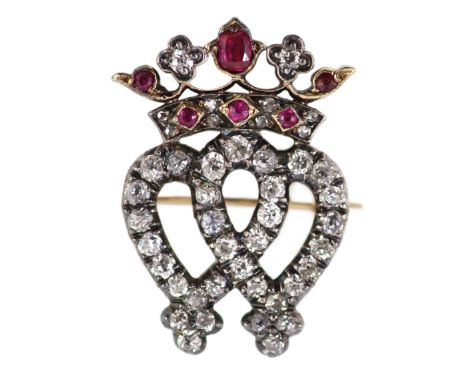 A Victorian gold and silver, ruby and diamond cluster set Luckenbooth brooch, 28mm, gross weight 7.1 grams.***CONDITION REPOR