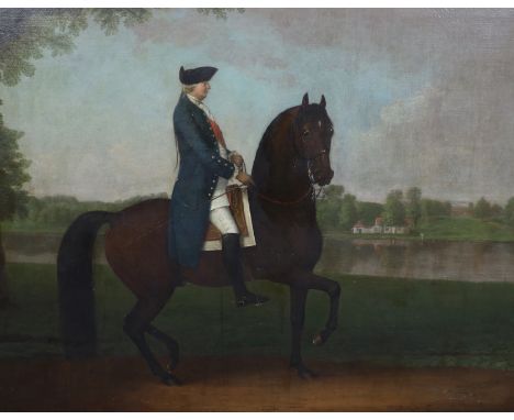 Attributed to David Morier (Anglo-Swiss, 1705-1770) Portrait of the Duke of Cumberland on horseback on a Thames towpathoil on