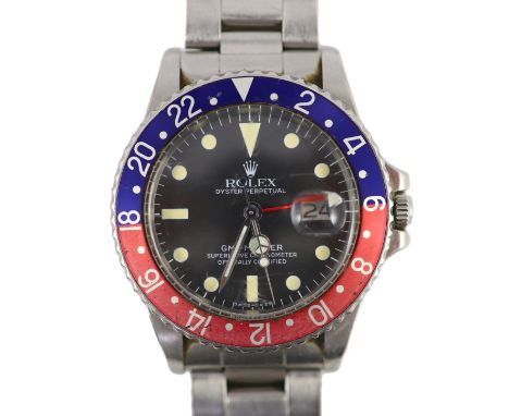 A gentleman's 1978 stainless steel Rolex Oyster Perpetual GMT-Master 'Pepsi bezel' wrist watch, model number 1675, serial num