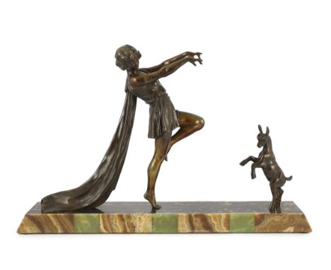 Emile Carlier (1849-1927). A French Art Deco bronze and marble group of a toga dancer with a kid, on signed plinth, 71cm wide