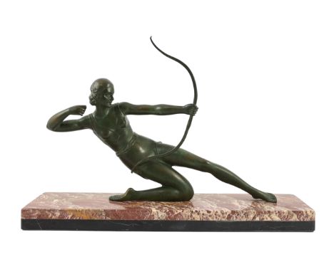 Salvatore Melani (Italian, 1902-1934). An Art Deco bronze figure of a female archer, kneeling upon a marble plinth, signed in