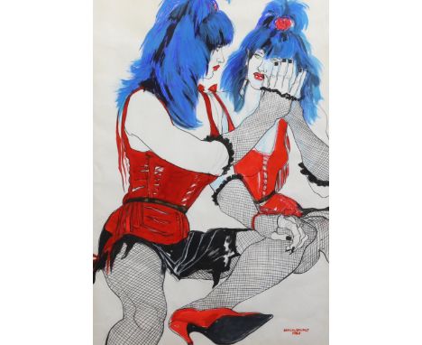 § § Jo Brocklehurst (British, 1935-2006) 'Punk girl in red dress'mixed media on papersigned and dated 198283 x 58cm***CONDITI