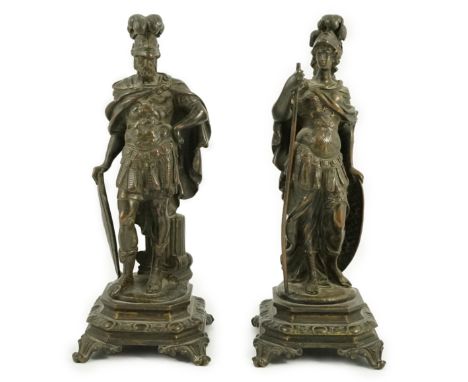 After Auguste Moreau (French, 1834-1917). A pair of 19th century bronze figures representing  Pallas Athena/ Minerva and Ares