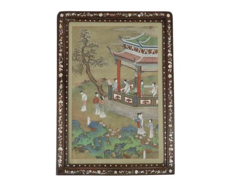 A Chinese painting on silk of ladies in a pavilion garden, c.1800, in a late 19th century hongmu and mother of pearl frame, p