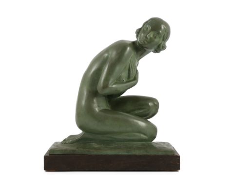 Lucien Charles Edouard Alliot, (French, 1877-1967). An Art Deco bronze figure of a kneeling maiden, on ebonised oak plinth, s