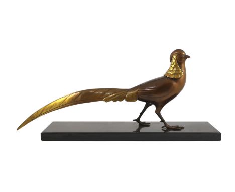 Lorino. An Art Deco bronze model of a golden pheasant, standing upon a black marble plinth, signed in the bronze, 77cm long, 