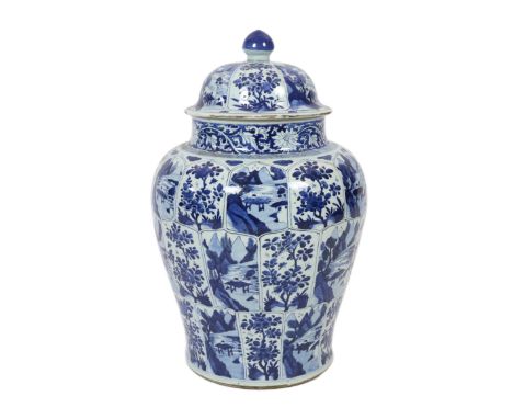A massive Chinese blue and white jar and cover, Kangxi period, painted with alternating landscape and floral panels, with mat