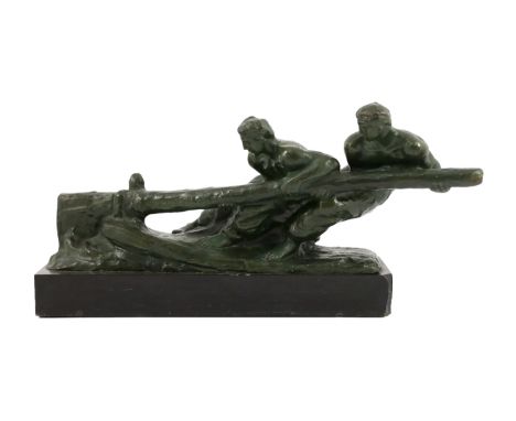 Alexandre Kelety (French/Hungarian, 1874-1940). A French Art Deco bronze group of two tillermen, on black marble plinth, sign