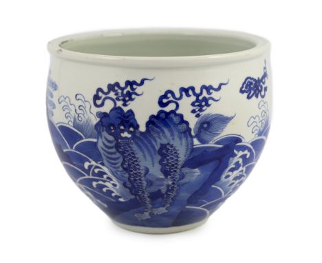 A Chinese blue and white ‘mythical beasts’ jardiniere, Kangxi period, the moulded rim above an ovoid body, finely painted in 