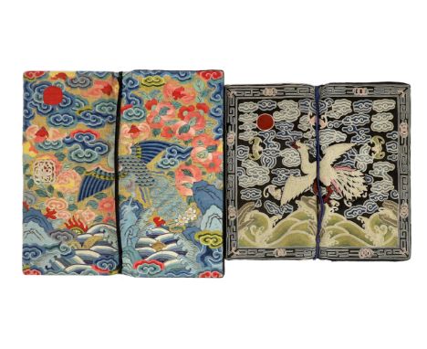 Two Chinese rank badges, 19th century, now mounted as clutch bags, the first a silk and metal thread kesi embroidered ‘peacoc