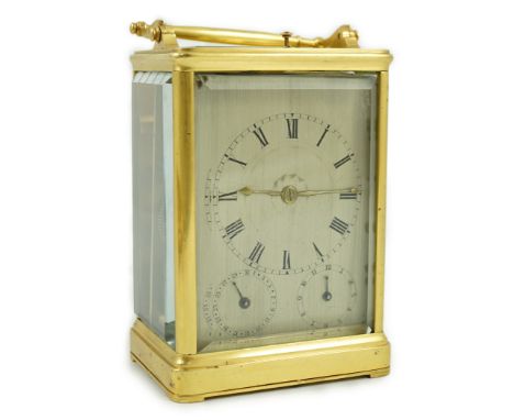 Scherer à Paris. A French hour repeating carriage clock, c.1840's, the silvered dial with subsidiary date and month dials, si