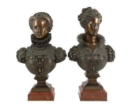 Mathurin Moreau (French, 1822-1912). A pair of bronze busts of Queen Elizabeth I and Marie de Medici, raised on ormolu mounte
