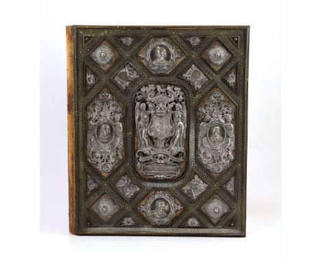 A Victorian silver, parcel gilt and ebony mounted velvet illuminated album, presented to the Right Honourable Lord Northwick 
