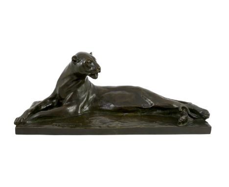 Alfredo Biagini (Italian, 1886-1952). A bronze model of a reclining panther, on integral signed plinth, 63cm long, 24cm deep,