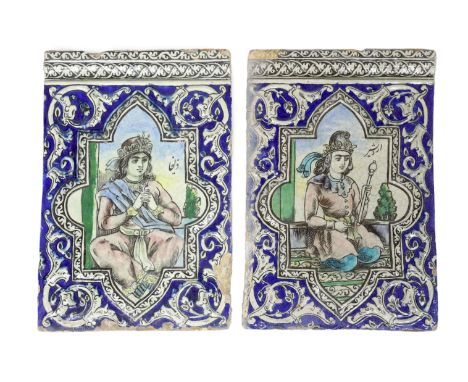 Two large Persian fritware polychrome ’portrait’ tiles, Qajar dynasty, 19th century, moulded in relief and painted in colours