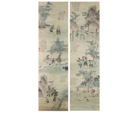 A pair of Chinese scroll paintings on paper, late 19th/early 20th century, each depicting farming scenes and prayers at a Bud