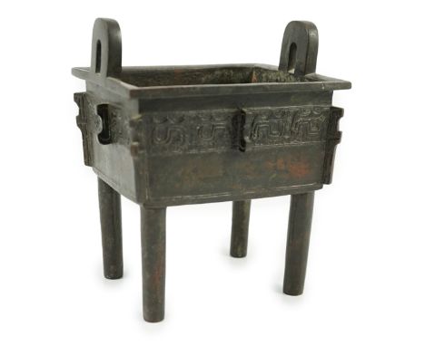 A Chinese archaistic bronze vessel, fangding, 17th/18th century, cast and chased with a band of zoomorphic scrolls, leiwen an