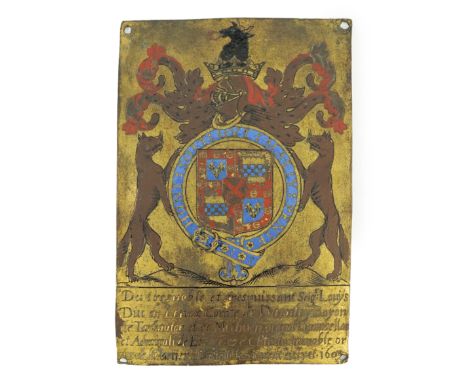 A James I enamelled brass garter stall plate, dated 1603 with the arms of Esmé Stewart, 3rd Duke of Lennox (1579-1624), ename