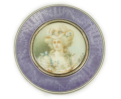 A 19th century French part engine turned silver and guilloche enamelled circular box and cover, the cover with inset painted 