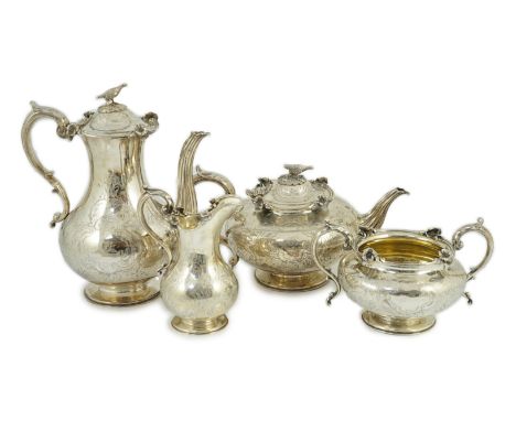 An early Victorian silver four piece tea and coffee service, by John &amp; George Angell, of baluster form, with engraved dec