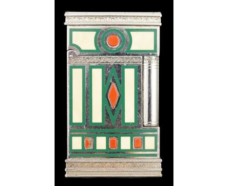 An S.J Dupont palladium plated and three colour enamel limited edition Medici cigarette lighter, with engraved and geometric 