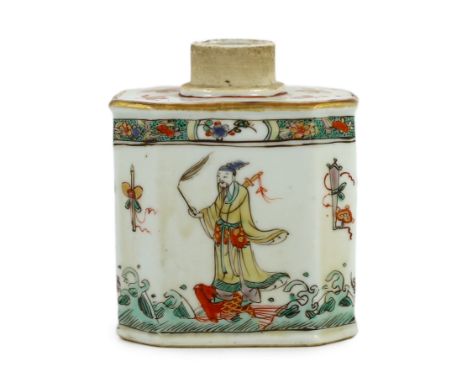 A Chinese famille verte tea caddy, Kangxi period, of canted rectangular form, painted with four immortals riding on sea creat