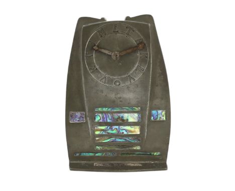 A Liberty &amp; Co Tudric pewter and abalone inlaid mantel timepiece, the dial with inscription instead of numerals 'Take you