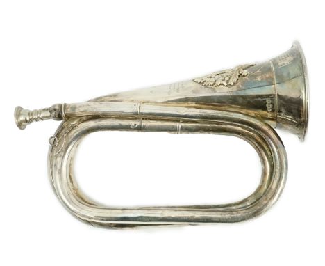 The Cameronians (Scottish Rifles). A George V silver presentation bugle, H.Potter &amp; Co., London, 1938, with applied Regim