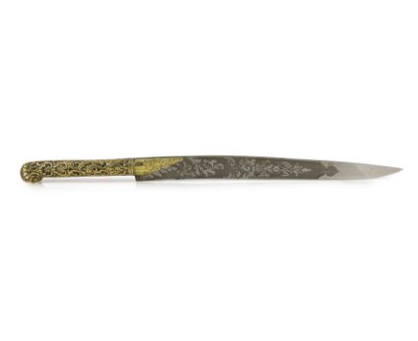 An early Victorian silver gilt handled dagger and scabbard by Joseph Wilmore, embossed with foliate scroll decoration, Birmin