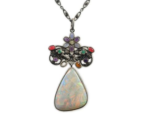 An early 20th century silver, white opal and cabochon gem cluster set drop pendant necklace, in the manner of Sibyl Dunlop, t