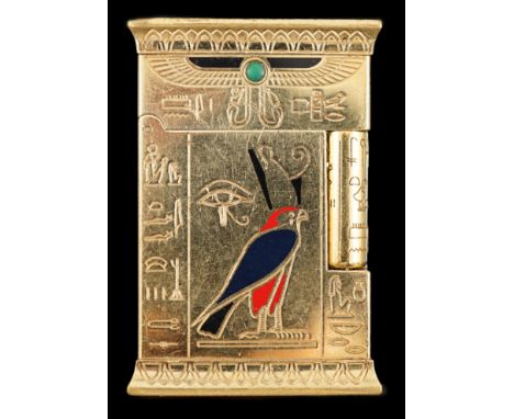 An S.J. Dupont gold plated, cabochon malachite and polychrome enamel set limited edition Pharaoh cigarette lighter, engraved 