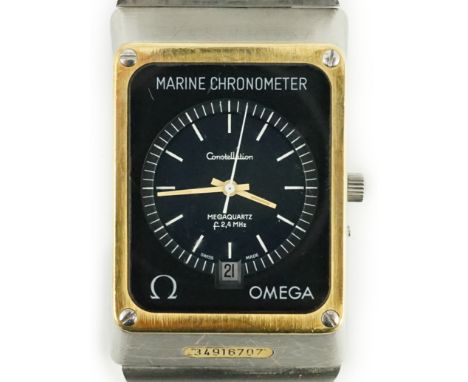 A gentleman's stainless steel Omega Constellation Megaquartz Marine Chronometer wrist watch, with rectangular black dial, on 