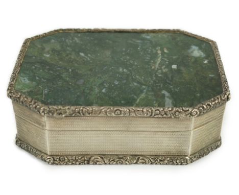 An early Victorian engine turned silver and inset moss agate box and cover, by Sampson Mordan I, of rectangular form, with ca