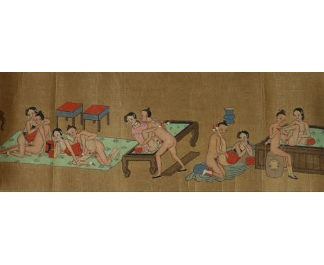 A Chinese erotic hand scroll on silk, early 20th century, depicting twelve couples in various positions, image 18cm x 113cm, 