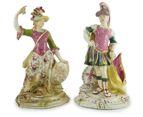 A pair of large Derby porcelain figures of Minerva and Mars, c.1760, decorated in bright puce, yellow and sage or lime green 