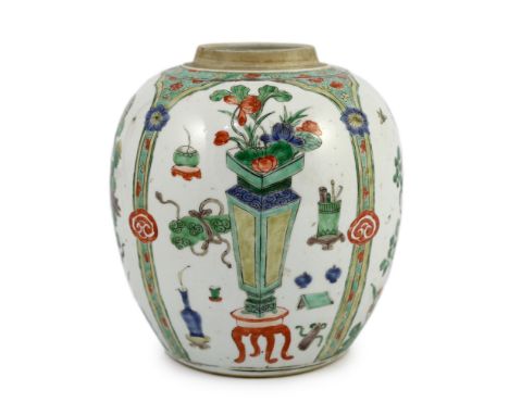 A Chinese famille verte 'Hundred Antiques' ovoid jar, Kangxi period, painted with alternating panels of the Hundred Antiques 