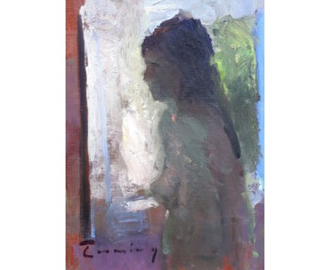 § § Fred Cuming R.A. (British, 1930-2022) 'Small nude'oil on boardsigned with Brandler Galleries label verso19 x 14cm***CONDI
