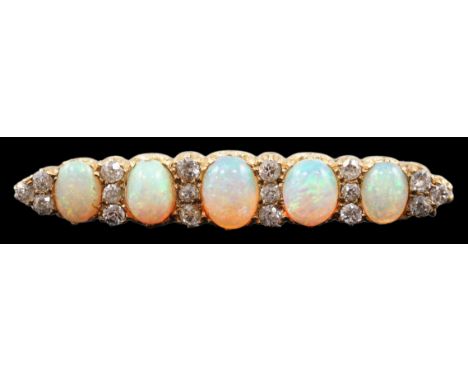 An early 20th century gold, diamond and oval white opal cluster set clip bar brooch, 47mm, gross weight 7 grams.***CONDITION 