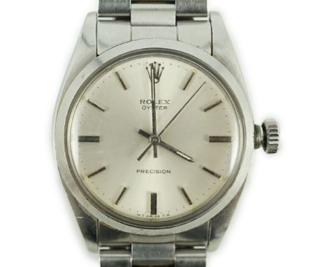 A gentleman's early 1980's stainless steel Rolex Oyster Precision manual wind wrist watch, with baton numerals, model no. 642