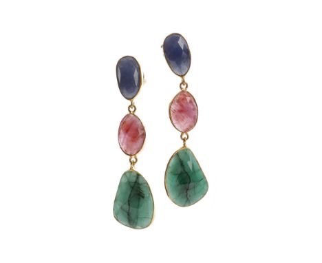 PAIR OF SAPPHIRE, RUBY AND EMERALD EARRINGS, set with faceted gems, 55mm long, silver gold plated, 11.2g