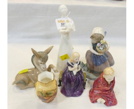 Lladro figurine of a donkey and a lady, Doulton figurine Peace, affection and This Little pig and Aynsley orchard gold vase 