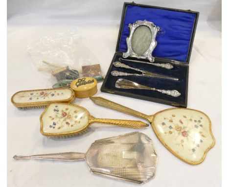 Dressing table part sets, silver photo frame, button hook, travel razor etc 