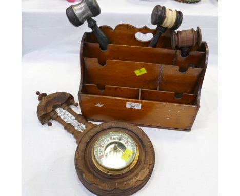 Wooden letter rack, carved wooden barometer and three gavels 