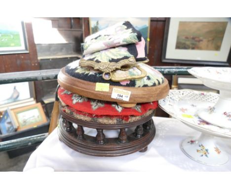 Two tapestry topped footstools and tapestry curtain tie backs 
